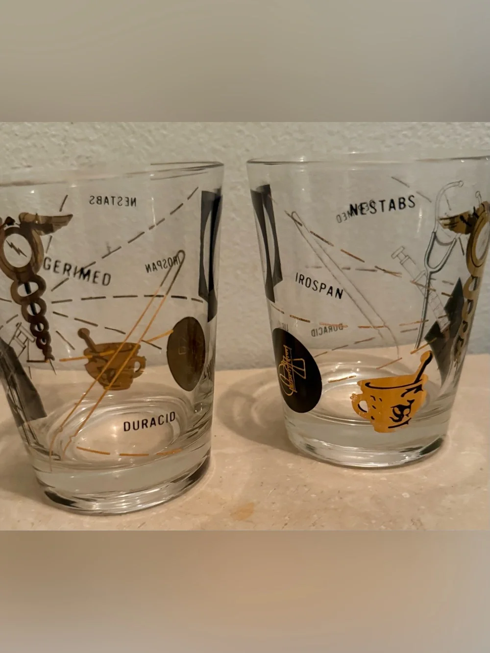 2 MCM Medical/Pharmacist Theme Rocks 16oz Glasses w/22k gold and black.
